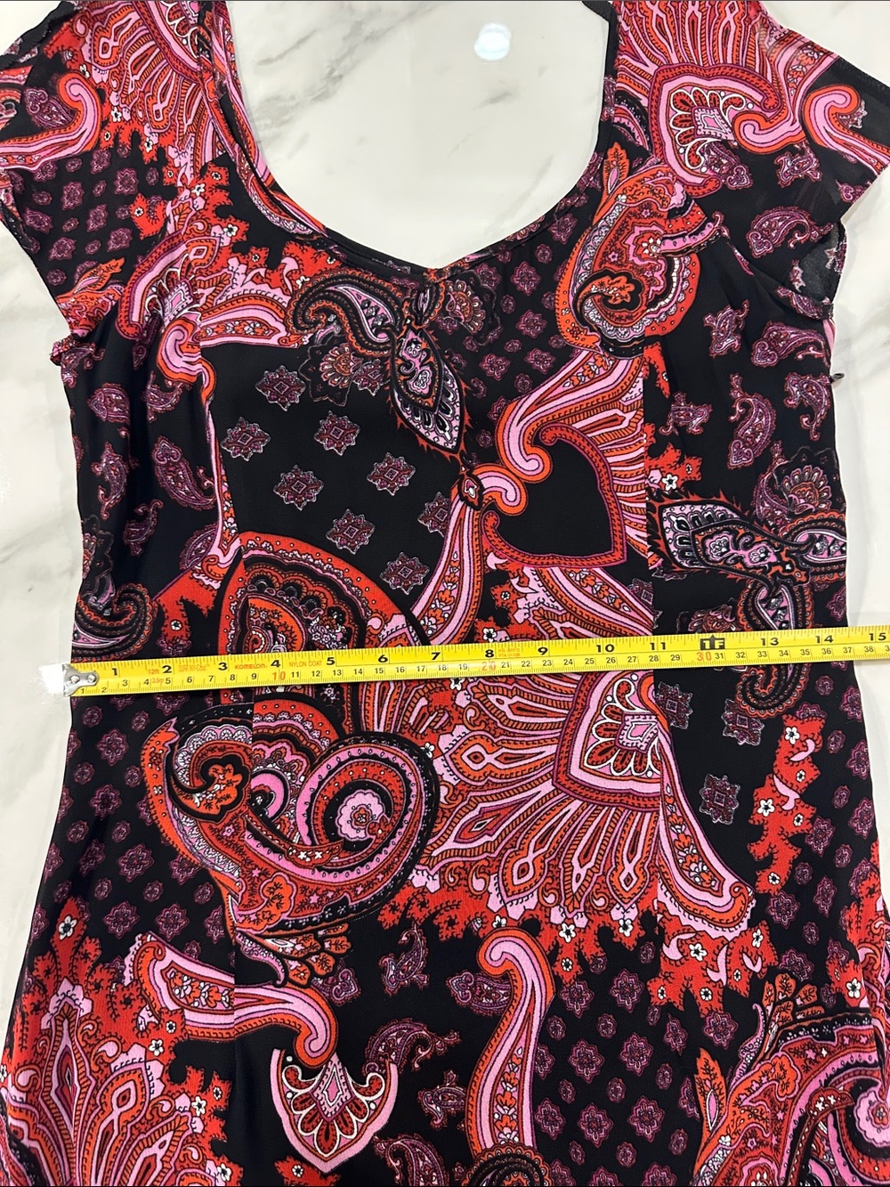 VINTAGE 90s Y2K V-Neck Black Pink Paisley Flutter-Sleeve Ruffle Hem Size 4 - Picture 14 of 15